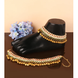 Stunning and Classy Traditional Indian Pakistani South Asian Girl's Women's AD stone studded Pearls Stone Ghungroo Anklet Set