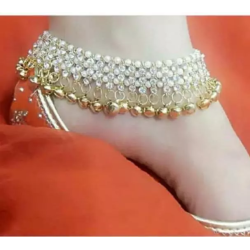 Traditional Golden Indian Pakistani South Asian Girl's Women's AD stone studded Pearls Stone Ghungroo Anklet Set