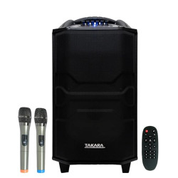 Takara Karaoke Speaker Trolley 12 Inch Woofer Portable Multimedia Bluetooth; Audio Recording; USB; SD; TF; AUX PA System with 2 Wireless UHF Mic; Remote Control; FM (Black)